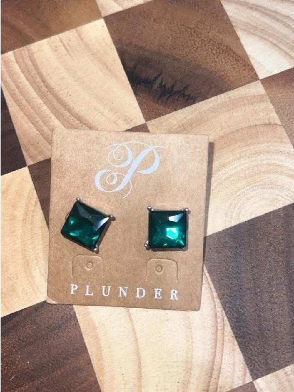 Plunder Deep Emerald Square Stud Earrings